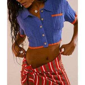 Free People Blue and Orange Short Sleeve Cropped Button Down Shirt